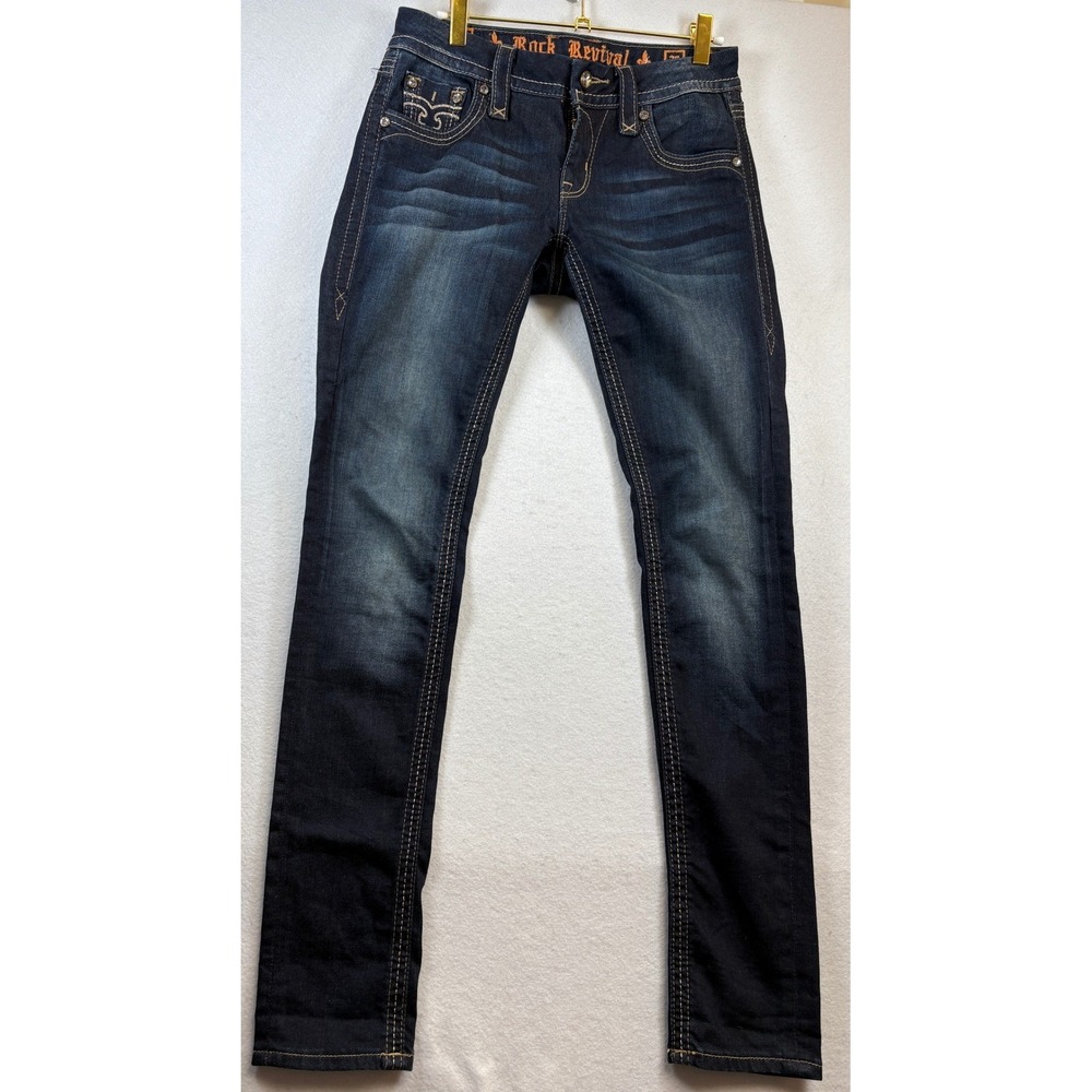 Rock Revival Skinny Jeans Dark Wash Embellished Back Pockets Signature Stitching - Picture 2 of 11